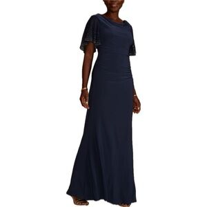 Oleg Cassini Long Cowl Neck Jersey Sheath Dress with Embellished Short Sleeve